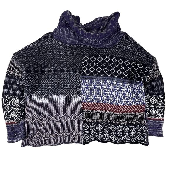 Free People Patchwork Cowl Neck Sweater M | Oversized Fair Isle Boho Knit Grunge - Picture 4 of 15
